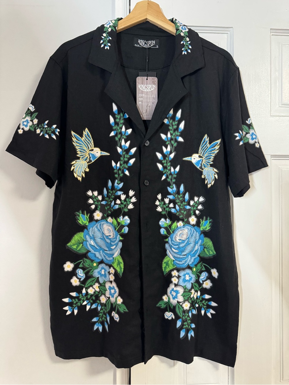Ringspun Floral Bird Print Button-Up Shirt Black Size L Camp Collar